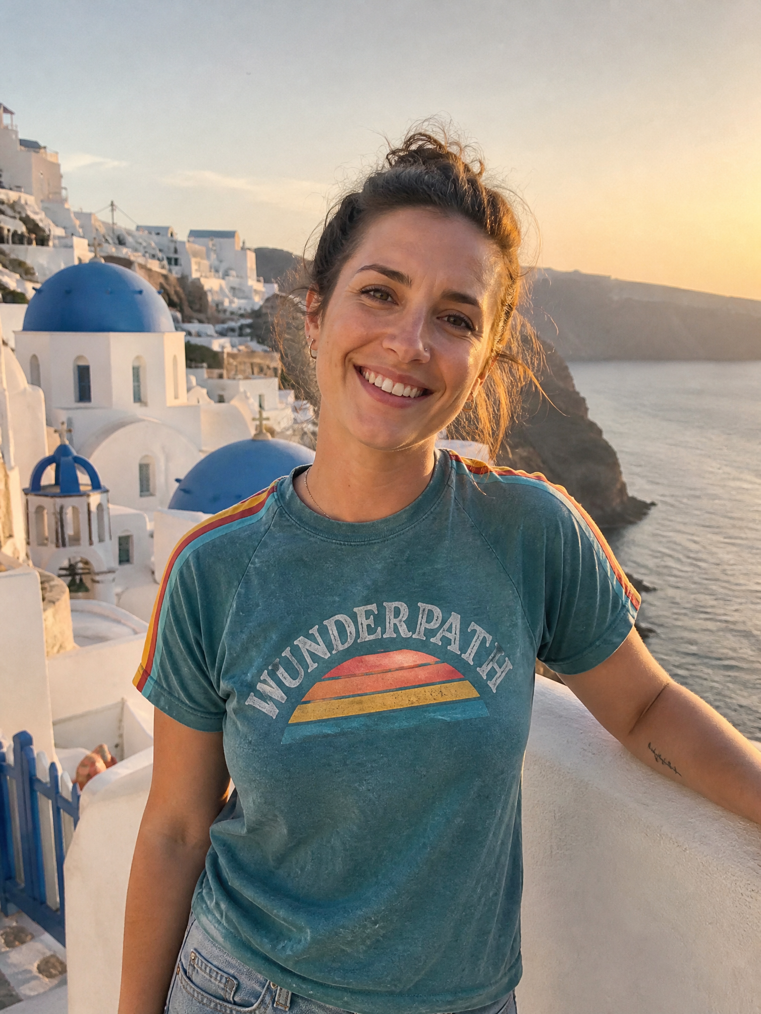 Sarah K. wearing Wunderpath gear at Santorini, Greece